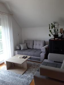 ein Wohnzimmer mit einem Sofa und einem Couchtisch in der Unterkunft Stan na dan Modriča in Modriča