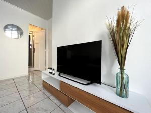 sala de estar con TV de pantalla plana en una pared blanca en Nid de Villeneuve - 2 pers., en Villeneuve-sur-Yonne