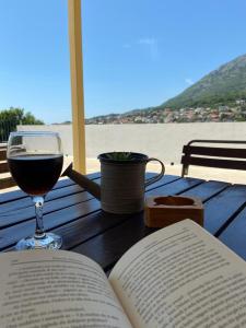 een glas wijn en een open boek op een tafel bij Old house7 in Bar