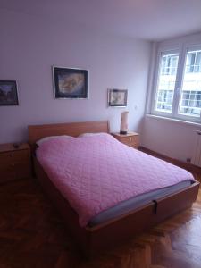 a bedroom with a large bed with a pink comforter at Appartment Center in Sarajevo