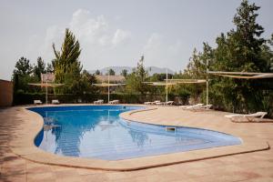 uma grande piscina com cadeiras e árvores em Welmoon Villas Paisaje em Caravaca de la Cruz