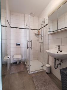 La salle de bains est pourvue d'une douche, de toilettes et d'un lavabo. dans l'établissement Neue Bungalow Ferienwohnung, à Ansbach