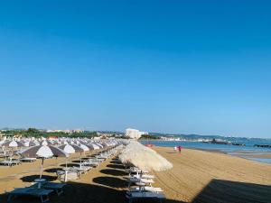 a beach with a bunch of umbrellas and chairs at Viva Suitesboat in Marina di Montenero