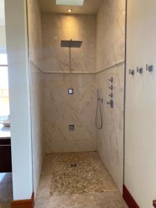 baño con ducha y puerta de cristal en Seabrook Lodge Clifden Connemara en Clifden