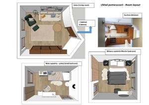 a floor plan and diagrams of a room at Apartament Geneva in Warsaw