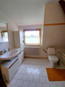a bathroom with a sink and a toilet and a window at Calma Apartment in Weimar