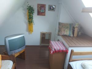 a living room with a tv and a couch at Malom-tavi vendeghaz in Tapolca