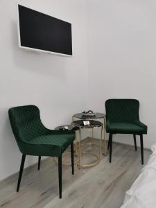 two green chairs and a table with a tv on a wall at Iris's apartament in Sinaia