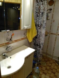 baño con lavabo y cortina de ducha en Holiday Cabin Kerimaa 41, en Savonlinna