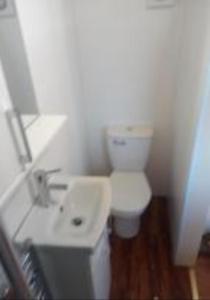 Łazienka z białą toaletą i umywalką w obiekcie Idyllic Shepherds Hut glorious views to South Downs 'Perch' w mieście Uckfield
