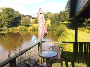 a balcony with a table and an umbrella and a river at Charming tranquil Shepherds Hut with lakeside balcony 'Roach' in Uckfield
