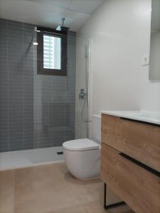W łazience znajduje się toaleta i przeszklony prysznic. w obiekcie Residencial El Trenet 2C w mieście Benicàssim