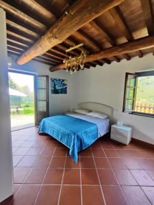 um quarto com uma cama com uma colcha azul em Casa VALGRAZIOSA em Calci