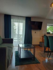 米科瓦伊基Pokoje i apartamenty MatDar的带沙发和玻璃桌的客厅