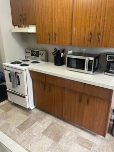 a kitchen with a stove and a microwave on the counter at One Bedroom Main floor Apartment in Camrose