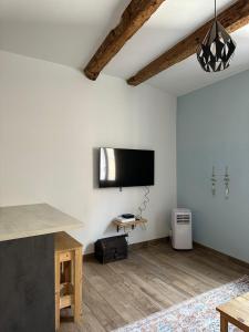 uma sala de estar com uma televisão de ecrã plano na parede em Coeur Panier - Charmant T2 entièrement équipé em Marselha