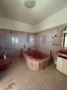 baño con bañera rosa y lavabo rosa en Villa Marina B&B, en Savuto