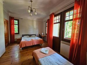 a bedroom with two beds and windows with red curtains at Villa Alexandra in Polanica-Zdrój