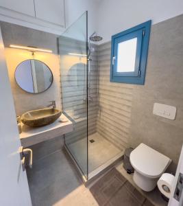 bagno con lavandino, servizi igienici e specchio di Gialos Studios a Katápola