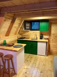 eine Küche mit grünen Schränken und einem Waschbecken in einem Blockhaus in der Unterkunft Taşköprü Suit Bungalov in Hemşin
