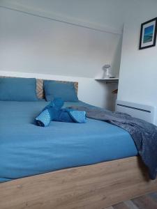 a blue stuffed teddy bear laying on a bed at Le Citadin aéroport Beauvais Paris in Beauvais