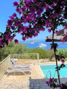uma árvore com flores roxas ao lado de uma piscina em Mare Villa Ciel - Private pool - Sea View em Gaios