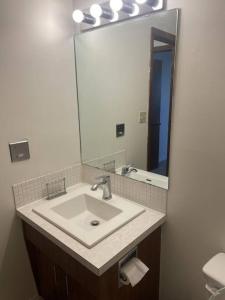 a bathroom with a sink and a large mirror at Stunning 1 Bedroom Apartment in Camrose +13 photos