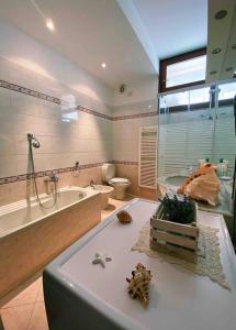 uma casa de banho com uma banheira, um WC e um lavatório. em Fonzi’s House em La Spezia