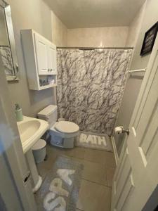 a bathroom with a sink toilet and a shower at The Cocoa Cottage in Cocoa