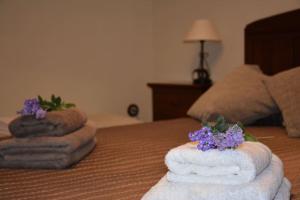 een hotelkamer met handdoeken en paarse bloemen op een bed bij Casa Arcadio in Villar de Canes