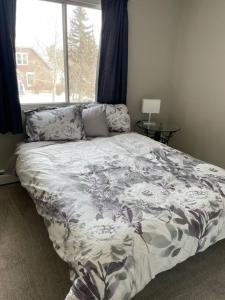 1 cama grande en un dormitorio con ventana en Exquisite 2 Bedroom Apartment en Camrose
