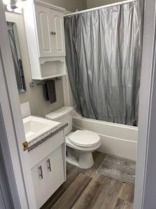 uma casa de banho com um WC, um lavatório e um chuveiro em Exquisite 2 Bedroom Apartment em Camrose