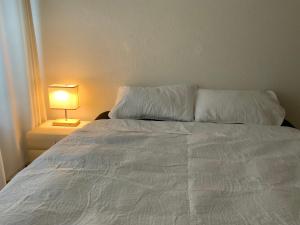 a bed with a white comforter and a lamp at Lion BB Swiss in Zurich