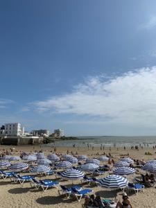 a group of beach chairs and umbrellas on a beach at Appartement avec vue mer in Vaux-sur-Mer