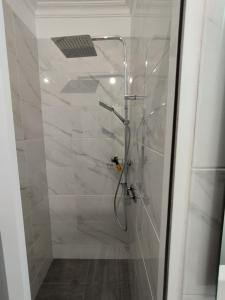 La salle de bains est pourvue d'une douche avec une porte en verre. dans l'établissement Alexia Room, à Funchal