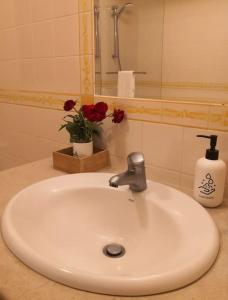 Un lavabo blanco en un baño con espejo. en JOHN's Farm Country HOUSE, en Montemor-o-Novo