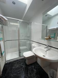 a bathroom with a shower and a toilet and a sink at PENSION CASA MIÑO in Pola de Somiedo