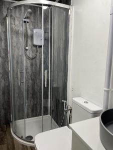 a bathroom with a shower and a toilet at Ensuite Double Room, by Swansea University, Sketty, R2 in Swansea