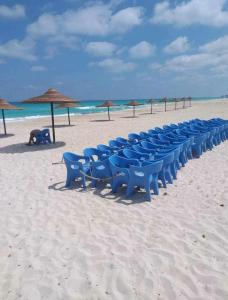 una fila de sillas azules en la playa en شالية عائلي بالساحل الشمالي, en Dawwār Abū Maḩrūs