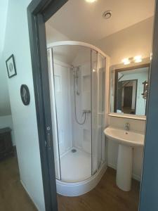 W łazience znajduje się prysznic i umywalka. w obiekcie Ar-Gavotenn w mieście Le Saint