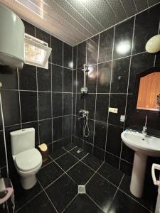 a black tiled bathroom with a toilet and a sink at EVRIKA hotel Shekvetili in Shekvetili