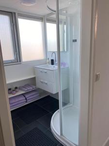 y baño con ducha y lavamanos. en Guesthouse Katwijk aan Zee, en Katwijk aan Zee