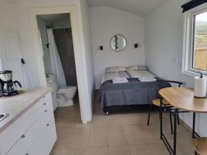 1 dormitorio con 1 cama, aseo y mesa en Hvammur 6 with private hot tub 
