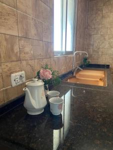 a kitchen counter with a sink and two cups on it at Simple home in Madaba