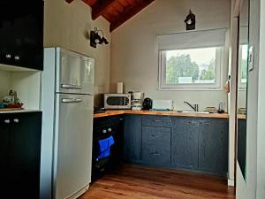 une cuisine avec un réfrigérateur blanc et une fenêtre dans l'établissement Puerto Esmeralda ESPECTACULAR DEPTO CON VISTA AL LAGO NAHUEL HUAPI, à Villa La Angostura