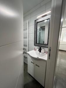 un bagno bianco con lavandino e specchio di Apartman Jovana 2 a Sremska Mitrovica
