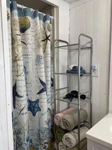 - Baño con cortina de ducha y toallero en Hay Bay Hideaway 