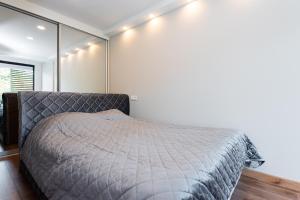 a bedroom with a bed and a wall with mirrors at PALANGA DAUKANTO APARTAMENTAI in Palanga