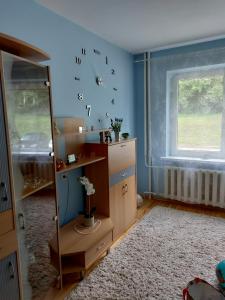 een slaapkamer met een spiegel, een dressoir en een raam bij Green Vilnius Getaway in Vilnius
