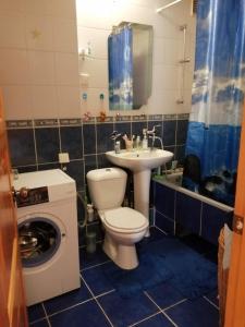 a bathroom with a toilet and a sink and a washing machine at Green Vilnius Getaway in Vilnius